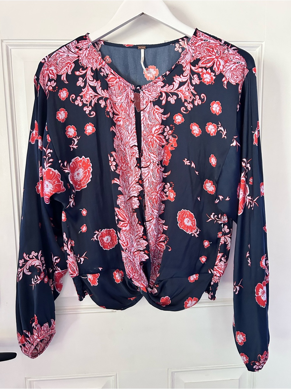 Free People Navy Floral Twist-Front Blouse - Navy/Pink/Coral